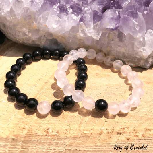 Bracelet Distance en Onyx Noir et Quartz Rose