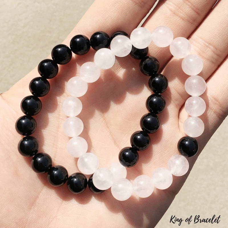 Bracelet Distance en Onyx Noir et Quartz Rose