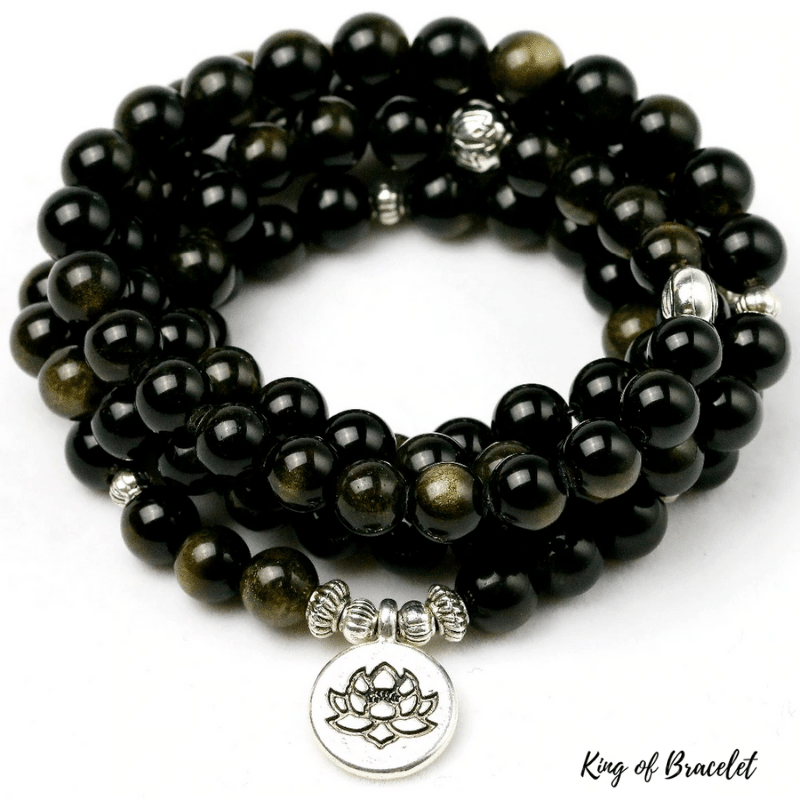 Bracelet Mala 108 Perles en Obsidienne Dor¨¦e