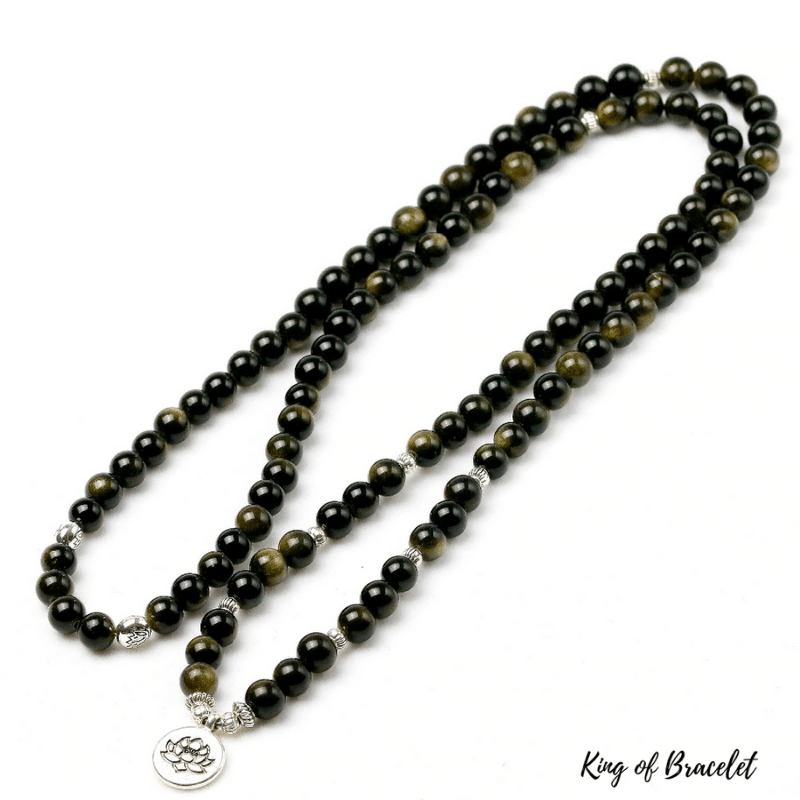 Bracelet Mala 108 Perles en Obsidienne Dor¨¦e