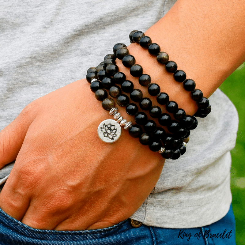 Bracelet Mala 108 Perles en Obsidienne Dor¨¦e