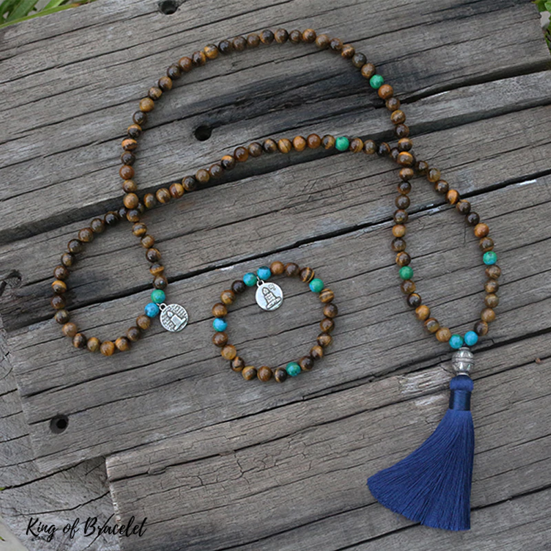 Bracelet Mala en Oeil de Tigre et Chrysocolle