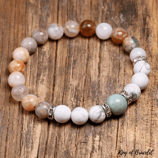 Bracelet en Agate Feuille de Bambou, Howlite et Amazonite