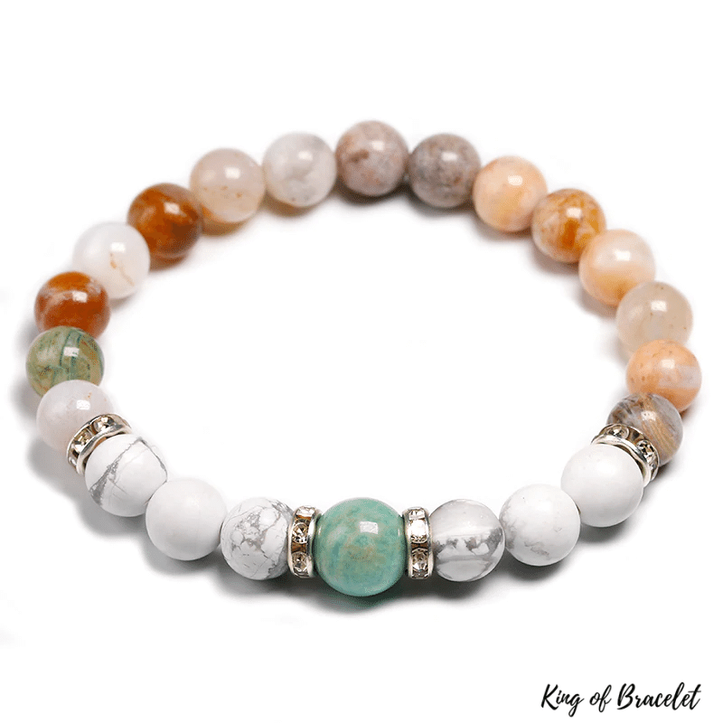 Bracelet en Agate Feuille de Bambou, Howlite et Amazonite