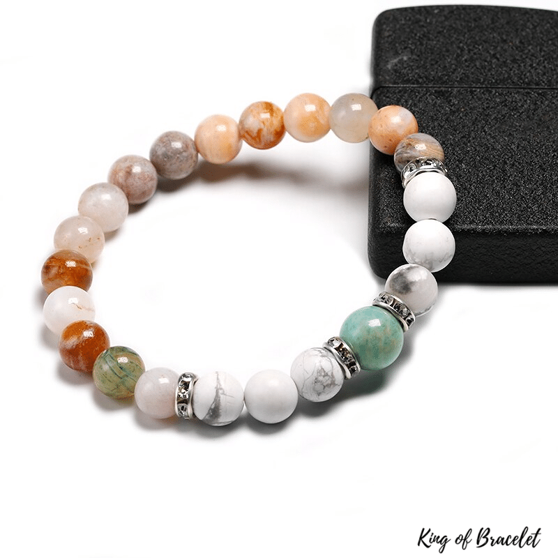 Bracelet en Agate Feuille de Bambou, Howlite et Amazonite