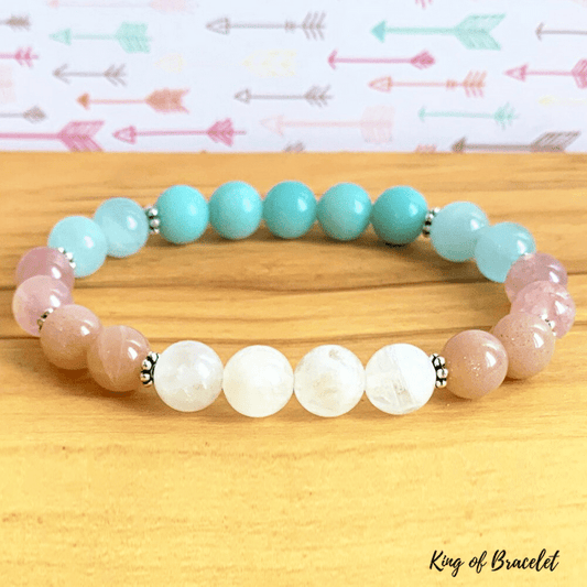 Bracelet en Aigue Marine, Amazonite, Quartz Rose, Pierre de Lune et de Soleil