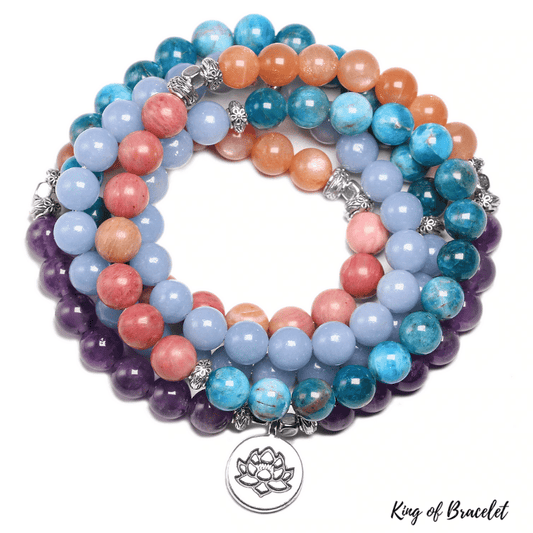 Bracelet Mala en Ang¨¦lite, Apatite, Pierre de Soleil, Rhodonite et Am¨¦thyste