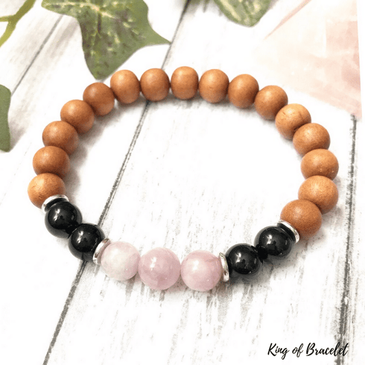 Bracelet en Bois de Santal, Tourmaline et Kunzite