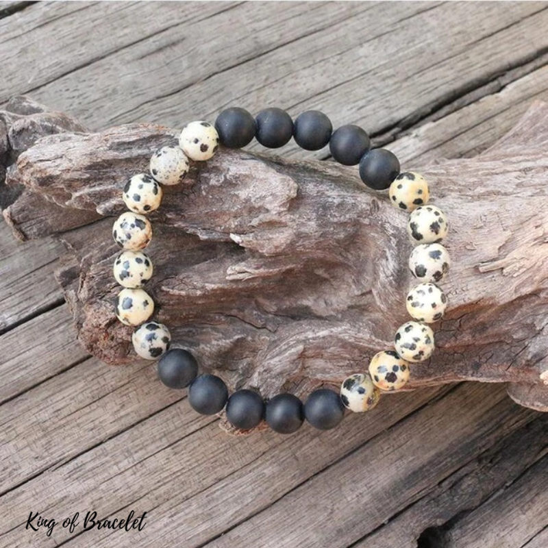 Bracelet en Jaspe Dalmatien et Onyx Noir Mat