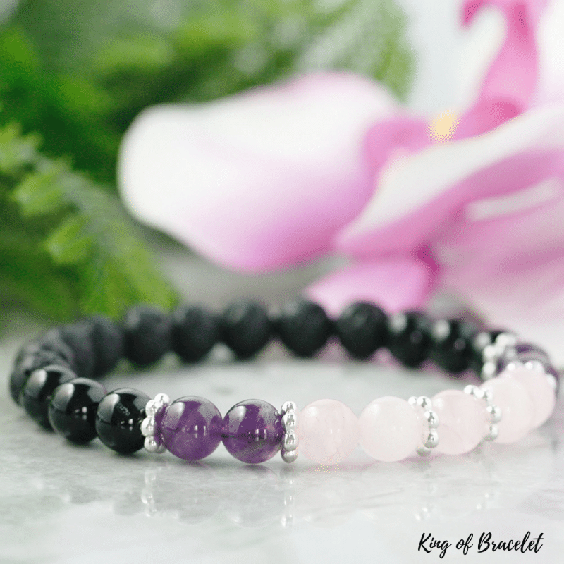 Bracelet en Pierre de Lave, Tourmaline, Am¨¦thyste et Quartz Rose