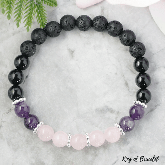 Bracelet en Pierre de Lave, Tourmaline, Am¨¦thyste et Quartz Rose