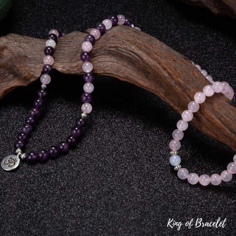 Bracelet Mala Lotus 108 Perles en Am¨¦thyste et Quartz Rose