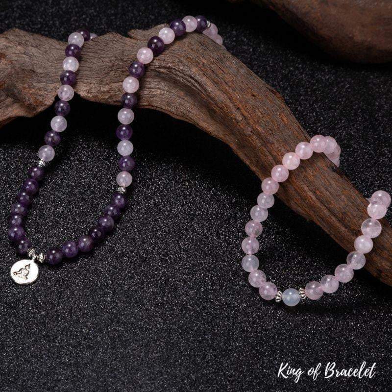 Bracelet Mala Lotus 108 Perles en Am¨¦thyste et Quartz Rose