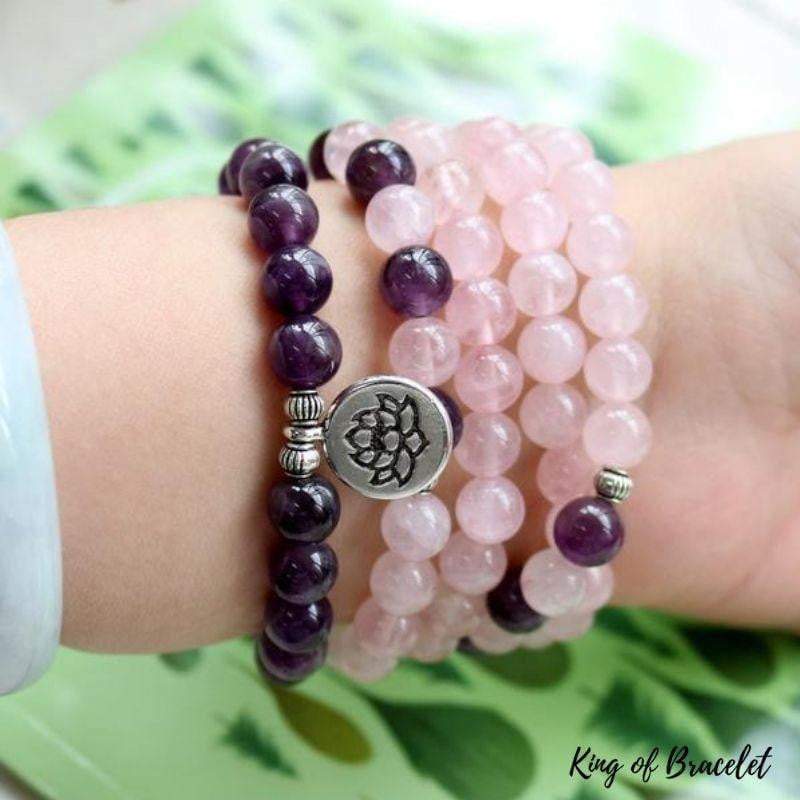 Bracelet Mala Lotus 108 Perles en Am¨¦thyste et Quartz Rose