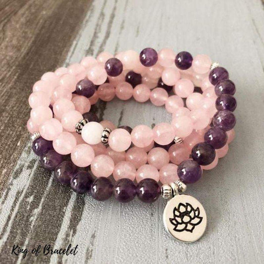 Bracelet Mala Lotus 108 Perles en Am¨¦thyste et Quartz Rose