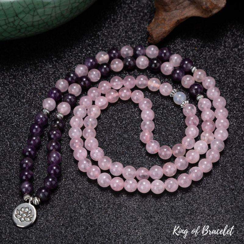 Bracelet Mala Lotus 108 Perles en Am¨¦thyste et Quartz Rose