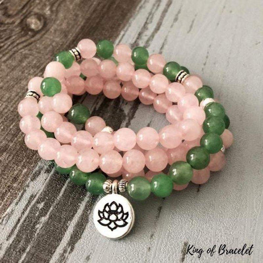 Bracelet Mala Lotus 108 Perles en Quartz Rose et Aventurine Verte