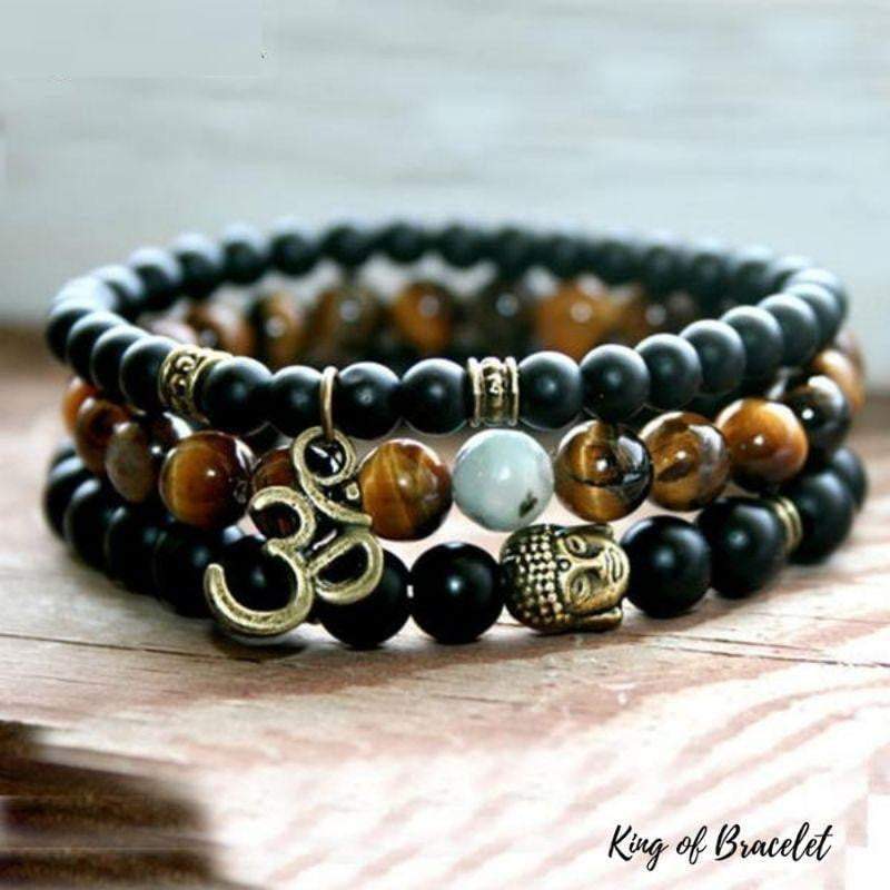 Bracelets Bouddha OM en Onyx Noir Mat et Oeil de Tigre