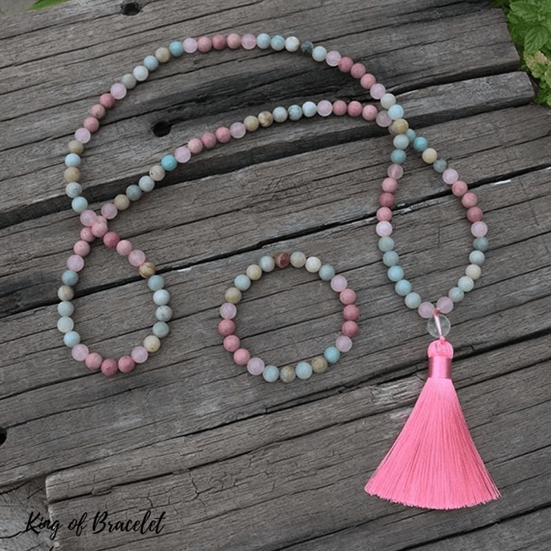 Bracelet Mala en Amazonite, Rhodonite et Quartz Rose