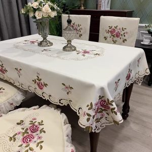 1pc, Polyester Tablecloth, Embroidery Floral Pattern Table Cover, Rectangle Fabric Table Cover, Holiday Desktop Decoration Fabric Table Cloth, Home Decoration, Dining Table Decor, Room Decor, Wedding Decor