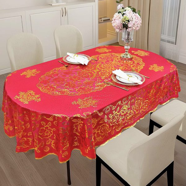 1pc, Tablecloth, Red Thickened Golden Floral Pattern Table Decor, Rectangle Simple Style Table Cover, For Picnic Or Holiday Party, Room Decor