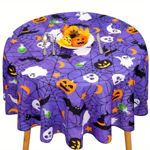 1pc Halloween Tablecloth, Spider Web and Pumpkin Table Cloth, Bat Cobweb and Ghost Waterproof Tablecloths, Spillproof Tablecover for Dinner Party Decoration, Purple.