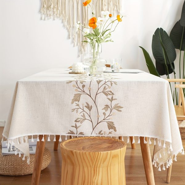 1pc Embroidery Square Cotton Linen Tassel Tablecloth, for Kitchen Dining Birthday Wedding Tabletop Decoration