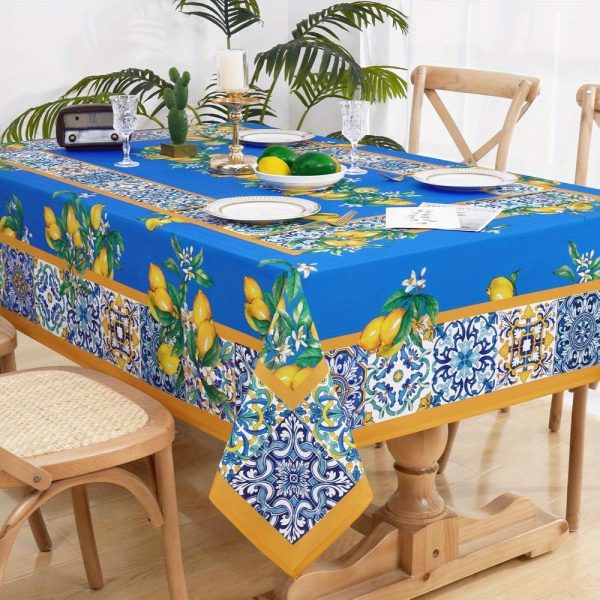 Vintage Lemon Tablecloth, Waterproof Polyester Cotton Table Cloth, Tile Flower Pattern Tablecloths for Spring Summer, Fabric Tablecloth for Indoor/ Outdoor/ Picnic/ Party Decor