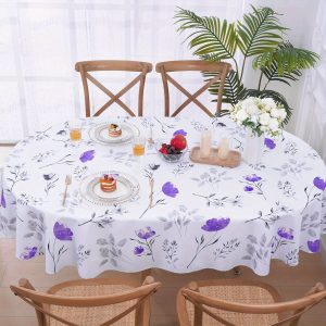 Floral Tablecloth, Flower Decoration Table Cloth for Spring Summer, Waterproof Fabric Wrinkle Free Table Cover for Kitchen, Dining Room, Party, Picnic, Camping, Purple