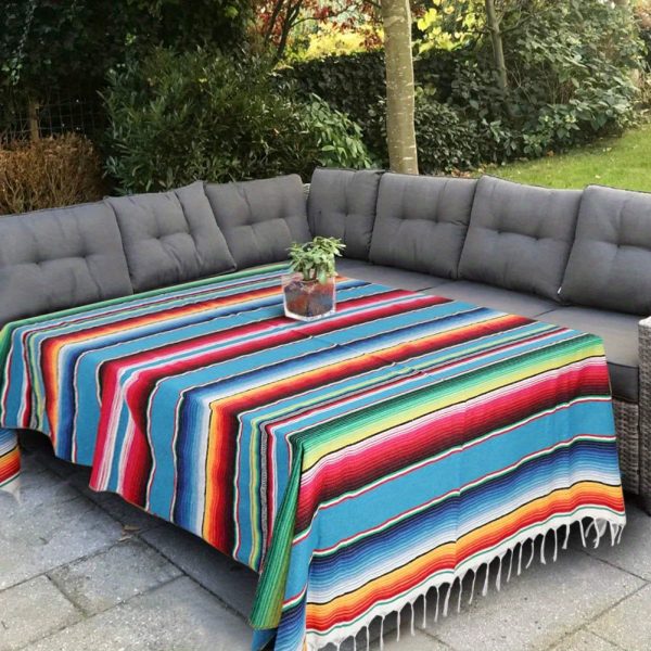 Colorful Mexican Serape Tablecloth - Large Square Cotton Fringe Blanket for Fiesta, Wedding & Party Decorations, Outdoor Picnic Cover