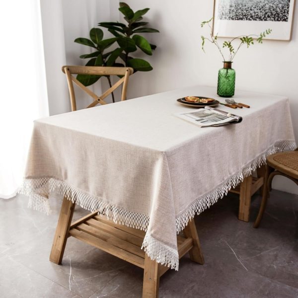 Pom Pom Tassel Rectangle Linen Textured Decorative Table Cloth for Indoor Outdoor Dining Buffet Table Parities Dinner