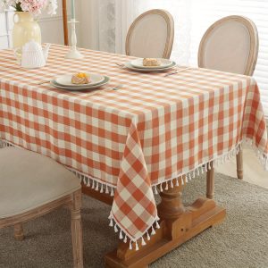 Laolitou Checkered Tablecloth Rectangle Washable Buffalo Plaid Fall Table Cloth with Tassel Cotton Linen Gingham Thanksgiving Table Cover for Picnic Kitchen Dining Room, Orange, 55 x 55 Inch