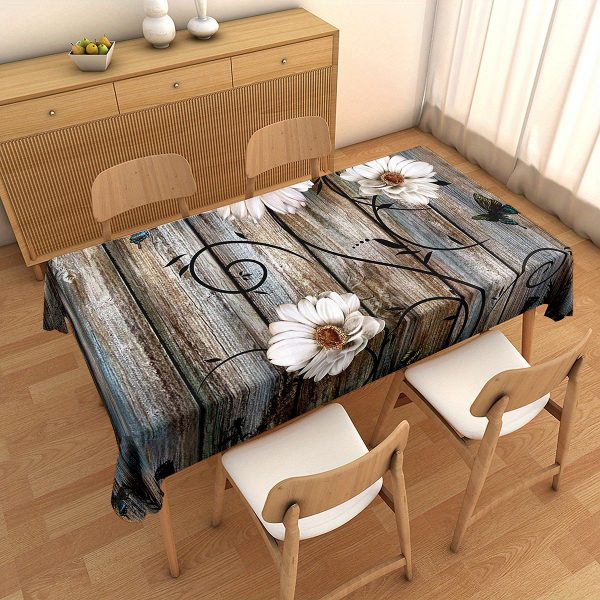 JIT 1Pc Daisy and Rustic Wood Grain Print Decorative Tablecloth - 100% Polyester Woven Fabric, Machine Made Round or Rectangular Table Cover