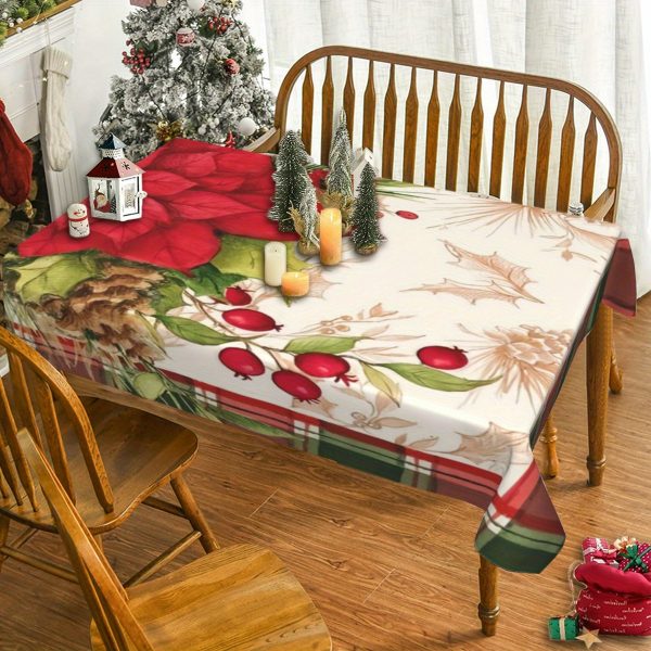 1pc Christmas Red Floral Plaid Kitchen Dining Tablecloth, Stain-Resistant Washable Microfiber Table Cover, Festive Home Kitchen & Restaurant Decor, Rectangular Polyester Woven Tablecloth, Holiday Gift Idea