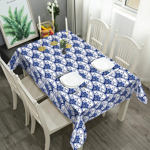 Watercolor Blue & White Porcelain Pattern Polyester Tablecloth - Waterproof, Oil-Proof, Stain Resistant, Washable Rectangular Cover for Dining Room, Wedding Party, Outdoor Picnic