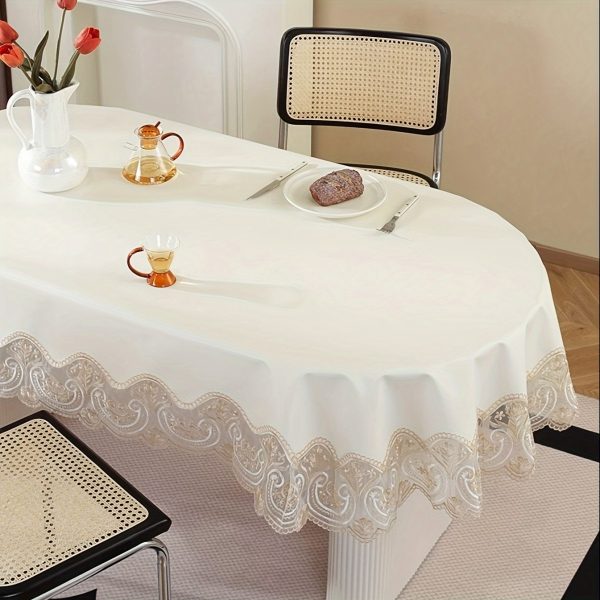 Elegant French Style Waterproof & Oil-Resistant Oval Tablecloth with Lace Trim - Polyurethane Artificial Leather and Polyester, Non-Textile Machine Weave, Perfect for Dining, Coffee Table, Wedding, and Party Decor