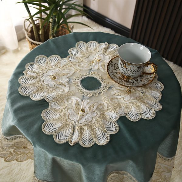 1pc, Tablecloth, Green Velvet Lace Embroidered Tablecloth, Elegant Breakfast Cabinet Table Cover, Rectangular Polyester Table Linens For Wedding, Holiday