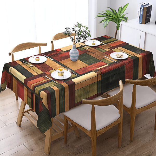 1pc Vintage Multicolor Tablecloth - Road Print with Rustic Wooden Board Fence Stripe & Checkered Pattern - Expert Embossed Edges for Stylish Room Decor