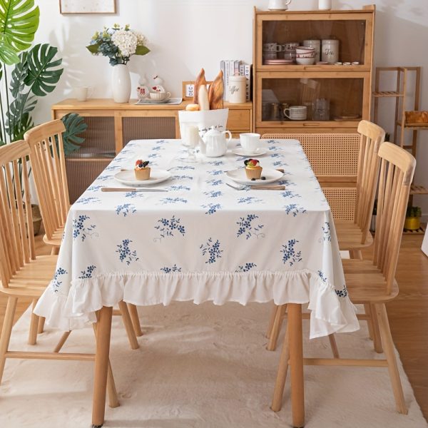 Floral Cotton Rectangle Tablecloth - Machine Woven Embroidered Blue Delicate Flowers, Table Cover with Lace Trim, Stain Resistant and Washable, Ideal for Picnic, Camping, Wedding, Birthday, Thanksgiving Dinner Decoration