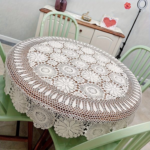 Round Hand Crochet Tablecloth Ecru Vintage Lace Table Cloth Floral Doily