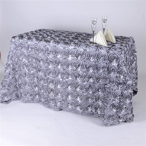 Silver 90 x 156 Inch Rectangular Rosette Tablecloths Fabric Table Cover for Wedding, Banquet, Restaurant and Parties