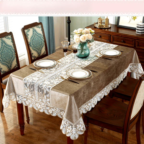 Elegant French Velvet Tablecloth Set with Romantic Lace Embroidery - 2/3 Piece Luxury Soft Table Linens, Waterproof and Oil-Proof, Antifouling, Easy Care Polyester Square Table Cover for Living Room, Kitchen, Bedroom, Hotel