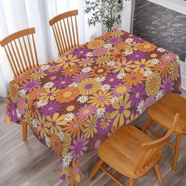 Boho Daisy Floral Tablecloth - Waterproof, Retro Hippie Design For Birthday Parties & Showers, Polyester, Rectangular