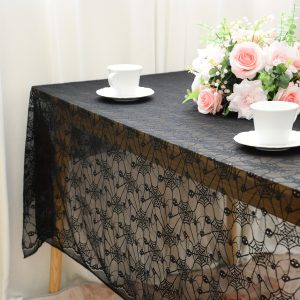 2 Pack Vintage Lace Halloween Table Cloth, Wrinkle-Free Reusable Polyester Tablecloths, Rectangle Table Cover for Outdoor Camping Dining Table, Black